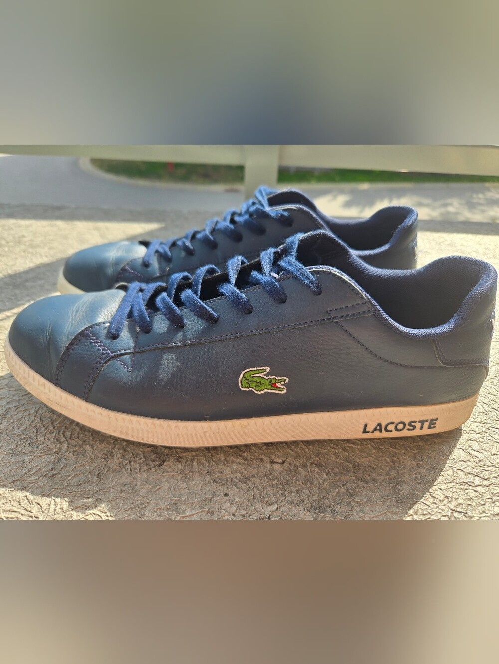 Lacoste Men's Navy Leather Low-Top Sneakers with Green Crocodile